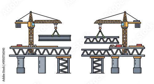 Dynamic Vector Illustration of Yellow Cranes Lifting Heavy Loads on a Construction Site with Precision and Industrial Functionality in Neutral Setting