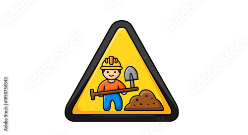 Flat Vector Illustration of Cartoon Man in Hard Hat with Shovel and Pickaxe on Triangular Road Sign Cautioning Construction Excavation Work