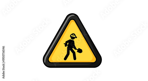 Triangular Road Sign with Black Border and Yellow Background Featuring Construction Worker Wearing Hard Hat Carrying Shovel for Construction Site Alert