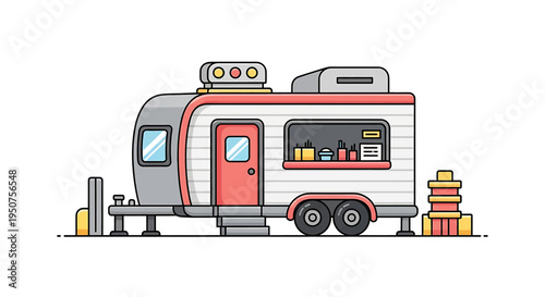 Vibrant cartoon-style vector illustration of a red-white camper trailer with cheerful outdoor setting, playful colors, and travel adventure elements in Adobe Illustrator design