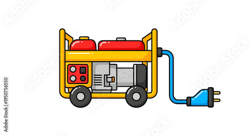 Flat_vector_illustration_of_portable_generator_connected_to_blue_plug_and_cord_in_cartoon_style_for_construction_environments_with_yellow_red_silver_components
