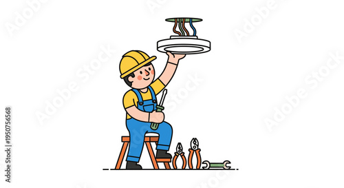 Flat vector illustration of a construction worker with hard hat in overalls installing ceiling light fixture using tools at construction site