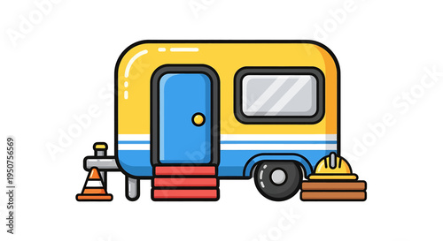 Flat vector illustration of a vibrant cartoon-style camper trailer with construction accessories in playful design for children's media