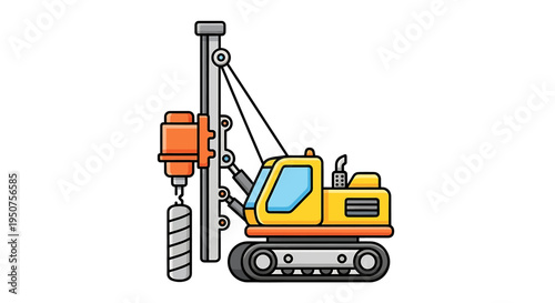 Flat Vector Cartoon Excavator with Drill for Construction Equipment Illustration in Industrial Context
