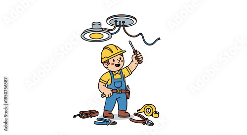 Flat vector illustration of cartoon electrician in construction installing light fixtures with tools in workshop for instructional manual 1