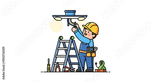Flat Vector Illustration of Scaffold Worker Repairing Ceiling Light with Safety Gear, Tools, and Ladder in Industrial Setting