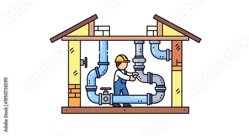 Flat vector illustration of construction plumber in blue overalls repairing pipes within brick house cartoon character with tools hard hat and wrench isolated on white