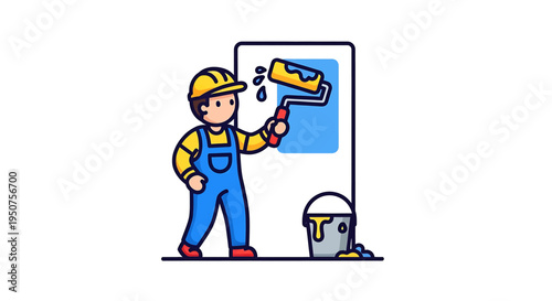 Flat-Style Illustration of Yellow-Helmet Painter Applying Paint Roller on Light Blue Wall during Construction Project, Industrial Work Environment View