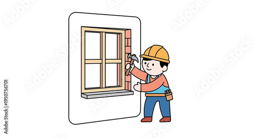 Construction Worker Applying Sealant to Window Frame During Installation in Cartoon Illustration for DIY Manual Step