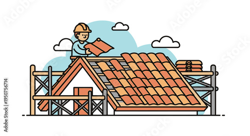Vibrant cartoon illustration of a construction worker roofing a house with gable roof, scaffolding, and orange tiles, conveying productive atmosphere in a graphic style