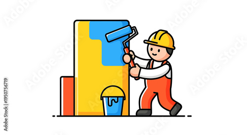 Cartoon Illustration of a Construction Worker Painting Wall Sections in Colorful Style with Hard Hat and Roller Equipment