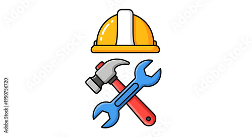 Hard Hat, Hammer, and Wrench in a Simple Cartoon Illustration for Safety, DIY, and Engineering Concepts