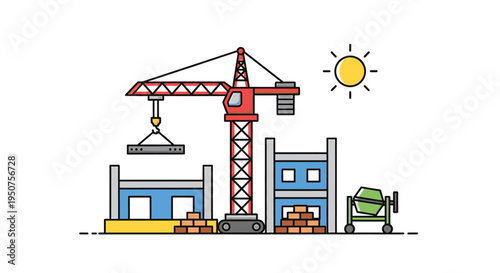 Vibrant Construction Crane, Building, Mixer, and Sun – Educational Cartoon Construction Site Illustration
