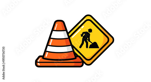 Digital illustration showing orange traffic cone with horizontal stripes leaning against yellow diamond road sign depicting construction shovel silhouette, attention-grabbing roadwork graphic design