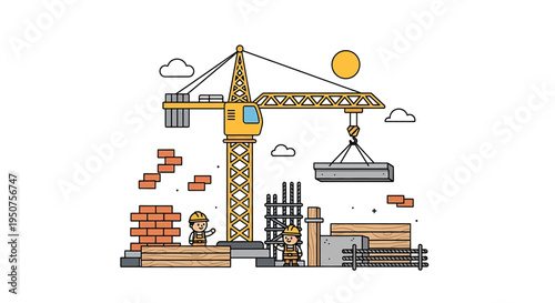 Vibrant Cartoon Construction Site with Crane, Worker, Wood, Metal, Bricks, Tools, Sun, Clouds, and Industrial Activity in Dynamic Environment