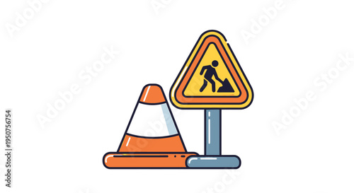 Construction Roadwork Graphic with Orange Cone, Yellow Triangle Digging Silhouette, Blue Pole, and Dirt Pile for Digital Illustration