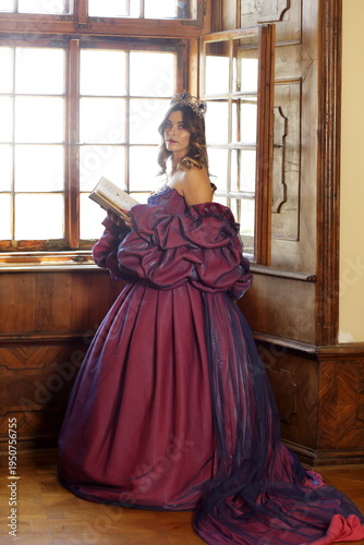 Regal Princess in Purple Ballgown Reading by Sunlit Historical Window