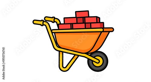 Construction Blueprint of Orange Wheelbarrow with Red Bricks - Cartoons - Vector Illustration
