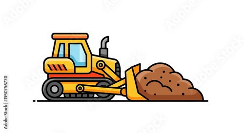 Cartoon bulldozer with orange stripes pushing brown dirt pile in construction site activity during industrial project with black exhaust pipes and yellow blade