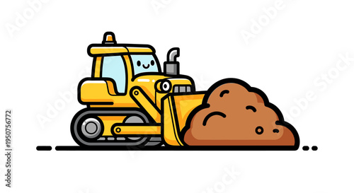 Yellow Bulldozer Pushing Dirt Pile in Cartoon Style Illustration of Construction Site with Excavation Work in Playful Scene