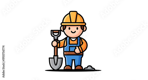 Smiling Cartoon Construction Worker with Yellow Hard Hat and Orange Shirt Holding Shovel on Flat Surface in Illustration Style