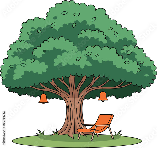Large green leafy tree illustration with hanging orange bells and a comfortable lounge chair on green grass,