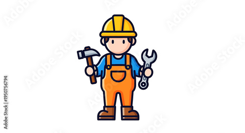 Cartoon Construction Worker Wearing Yellow Hard Hat Orange Overalls Holding Hammer Wrench Simple Illustration Manual Labor Safety Readiness Industry