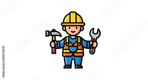 Cheerful Cartoon Construction Worker Blueprint Illustration with Hard Hat Safety Vest Hammer Wrench Yellow Blue Orange Professionalism Safety Work