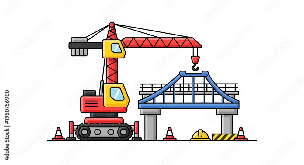 Fototapeta premium Dynamic cartoon-style construction vector illustration displaying red yellow crane, blue bridge framework with gray supports, orange traffic cones, yellow hard hats on flat industrial site