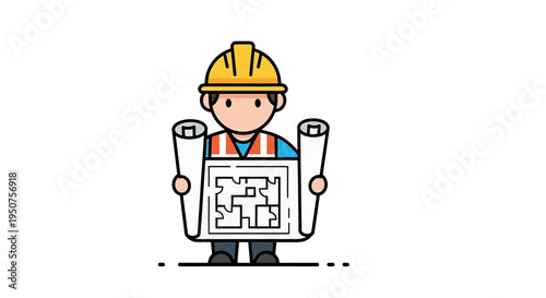 Playful cartoon construction worker holding a jigsaw puzzle illustration showcasing safety gear and dynamic engagement with puzzle pieces in a vibrant, approachable design