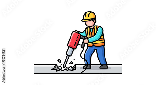 Flat Vector Construction Worker Jackhammering Dynamic Concrete Surface in Industrial Setting with Safety Gear and Tools