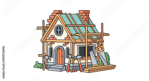 Flat Vector Illustration of Modern UnderConstruction House with Gable Roof, Orange Door, Chimney, Porch Steps, and Green Plants in Bright, Playful Style
