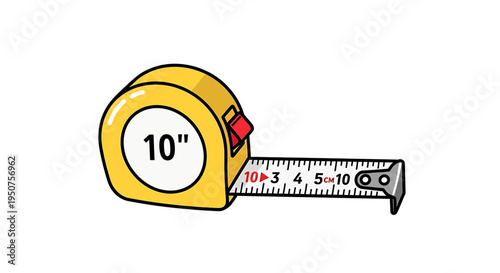 Flat Vector Yellow Tape Measure Displaying Construction Measurement of 10 Inches with Red Button on White Background