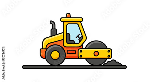 Flat vector illustration of vibrant yellow-orange construction road roller facing right as modern heavy machinery for infrastructure roadwork projects