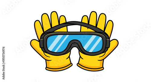 Flat_Vector_Illustration_Showing_Yellow_Rubber_Gloves_Holding_Blue_Constructing_Safety_Goggles_With_White_Lines_and_Black_Frame_in_Playful_Context