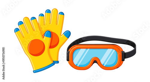 Flat Vector Illustration of Safety Gloves and Goggles for Construction Display on Clean White Background with Vibrant Design and Protective Equipment
