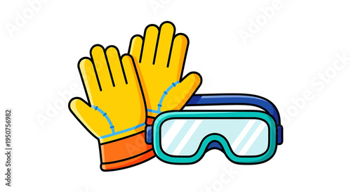 Cartoon Illustration of Construction Safety Gear Gloves and Goggles with Yellow and Teal Striped Lenses for Protective Equipment Design