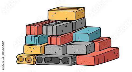 Vibrant Staggered Stack of Colorful Construction Blocks with Varied Textures and Playful Patterns in Creative Layout