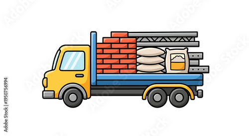 Cartoon Illustration of Yellow and Blue Truck Loaded with Construction Materials for Delivery Services