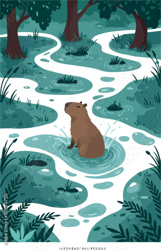 Pixel Art Capybara Splashing in Forest Stream Minimalist Illustration