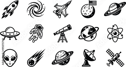 Space exploration and astronomy icon set featuring rocket ship planets astronaut alien and celestial galaxy system symbols.