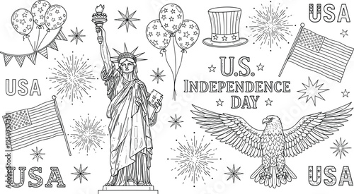 USA Independence Day celebration set with Statue of Liberty American flag bald eagle fireworks and patriotic party balloons illustration.