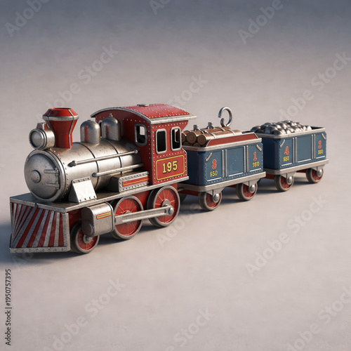 Vintage tin toy train locomotive macro red blue silver nostalgic stock
