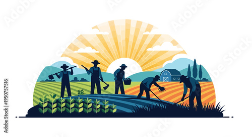 Vector illustration of farm workers standing in solidarity in rice fields at Cesar Chavez Day with a colorful sunset background