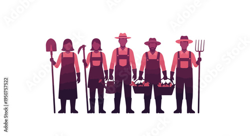 Vector illustration of a group of farm workers standing in solidarity with tools and baskets, celebrating Cesar Chavez Day with a tribute to farm rights and worker solidarity
