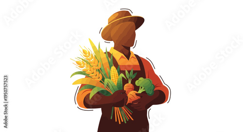 Vector illustration of a farmer standing proudly holding fresh produce including corn and carrots in a symbolic gesture of worker solidarity and farm rights tribute on Cesar Chavez Day