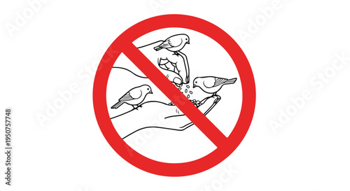 A black and white illustration of birds sitting on a hand with a red prohibition sign against a plain white background.