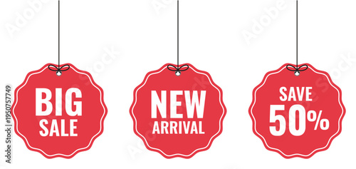 Red hanging labels with strings for big sale events and new arrival discount offers