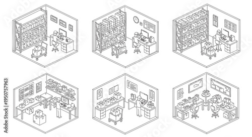 Set of 6 office isometric illustrations vector
