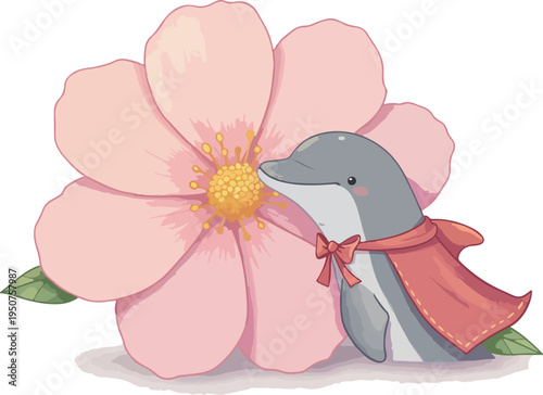 Pixel Art Dolphin With Pink Cape Near Large Flower